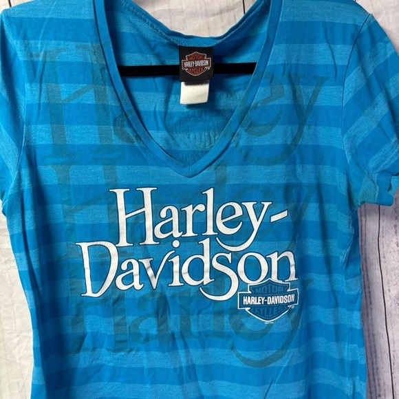 Vintage Harley-Davidson Blue Striped V-Neck Short sleeve T-Shirt Large - Picture 2 of 7